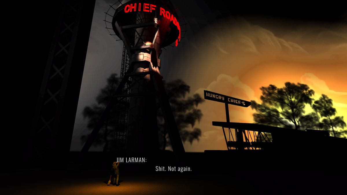 Knee Deep (PlayStation 4) screenshot: Jim discovered a body dangling from the water tower