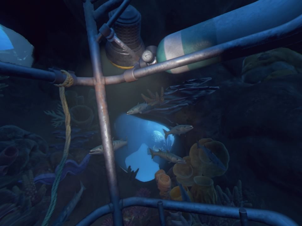 PlayStation VR Worlds (PlayStation 4) screenshot: Ocean Descent - Fish passing through the cavern