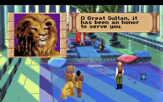Quest for Glory III: Wages of War (DOS) screenshot: The hero, Rakeesh, Uhura and her baby leave Shapeir