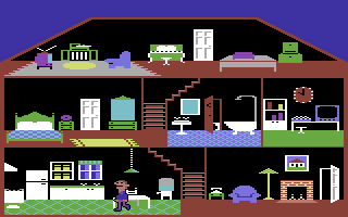 Little Computer People (Commodore 64) screenshot: A little computer guy taking a look at his new home