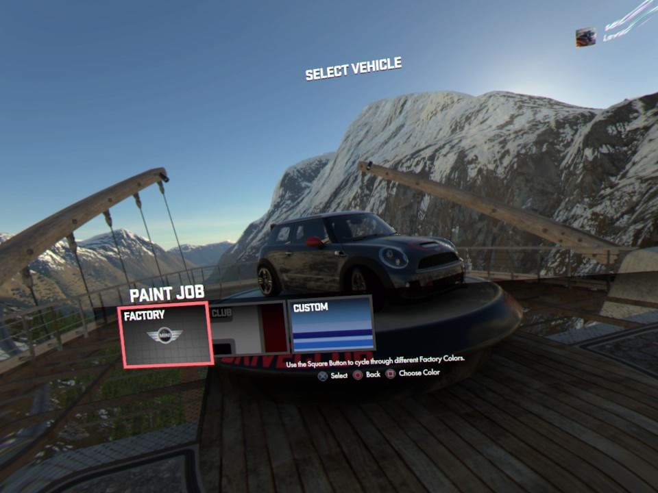 Driveclub VR (PlayStation 4) screenshot: Car paint boils down to factory model, club model or custom paint