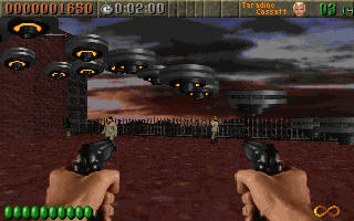 Rise of the Triad: The HUNT Begins (DOS) screenshot: Strike Team enemies appear rather late in Dark War, but in The HUNT Begins the player encounters them already in the first level.