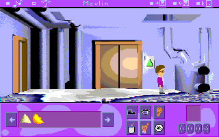 Mavlin: Vesmírný únik (DOS) screenshot: Inside mogun building. The machine can crush Mavlin but it reacts on mogun voice.