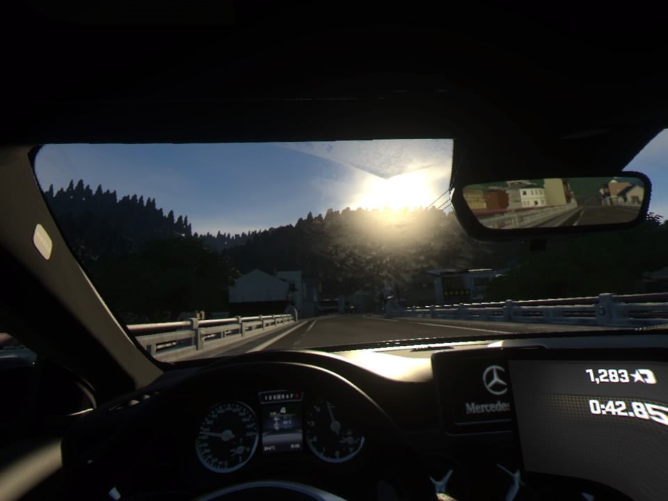 Driveclub VR (PlayStation 4) screenshot: Driving toward the rising sun