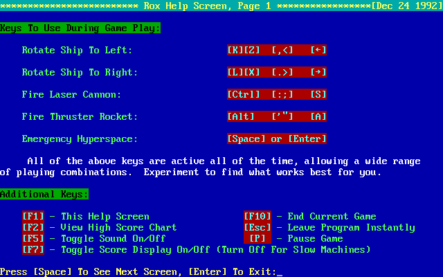 ROX (DOS) screenshot: help screen - keys