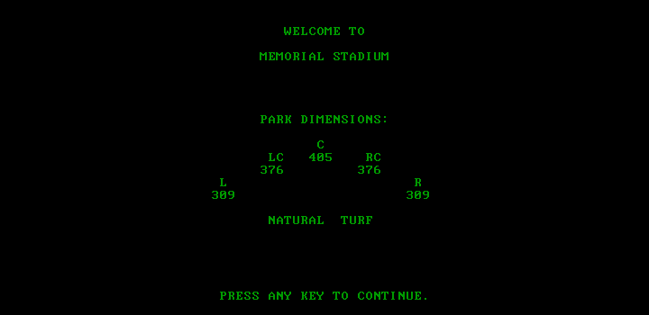 MicroLeague Baseball II (DOS) screenshot: Welcome to Memorial Stadium! (Hercules monochrome)