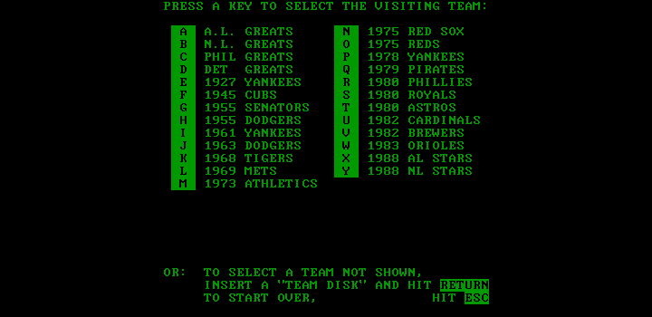 MicroLeague Baseball II (DOS) screenshot: Selecting teams (Hercules monochrome)