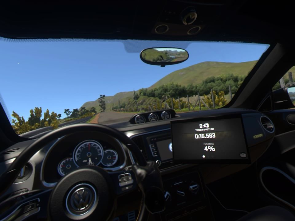 Driveclub VR (PlayStation 4) screenshot: While driving from the car seat, your racing progress and info will be displayed on internal GPS-like device
