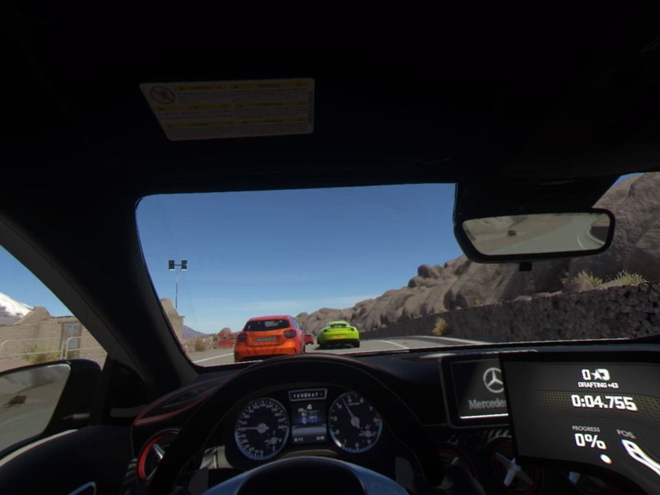 Driveclub VR (PlayStation 4) screenshot: Following the leading cars in my Mercedes-Benz