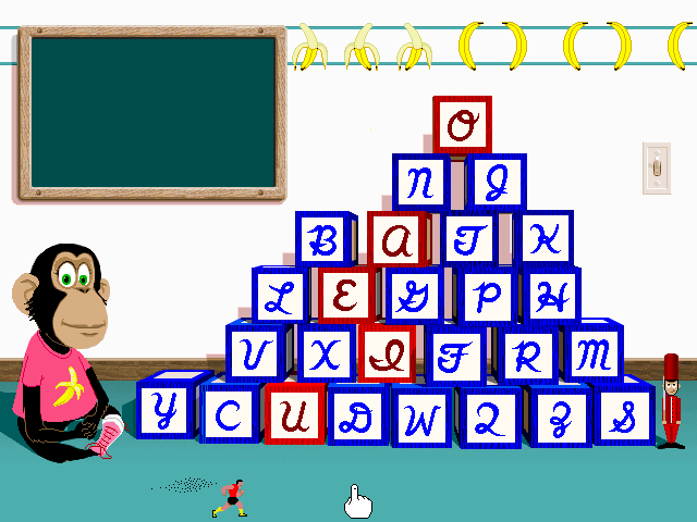 Alphabet Blocks (Windows 16-bit) screenshot: Animated surprise shows a man running from bees