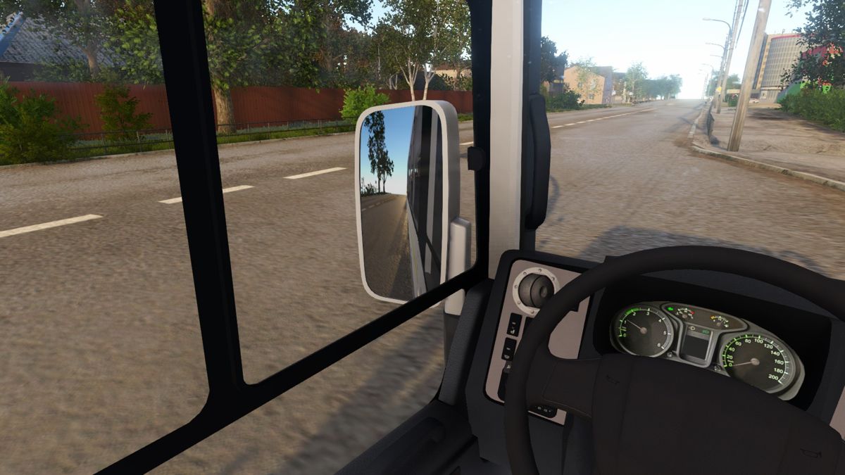 Bus Driver Simulator 19 (Windows) screenshot: Checking my rear mirror before leaving the bus stop