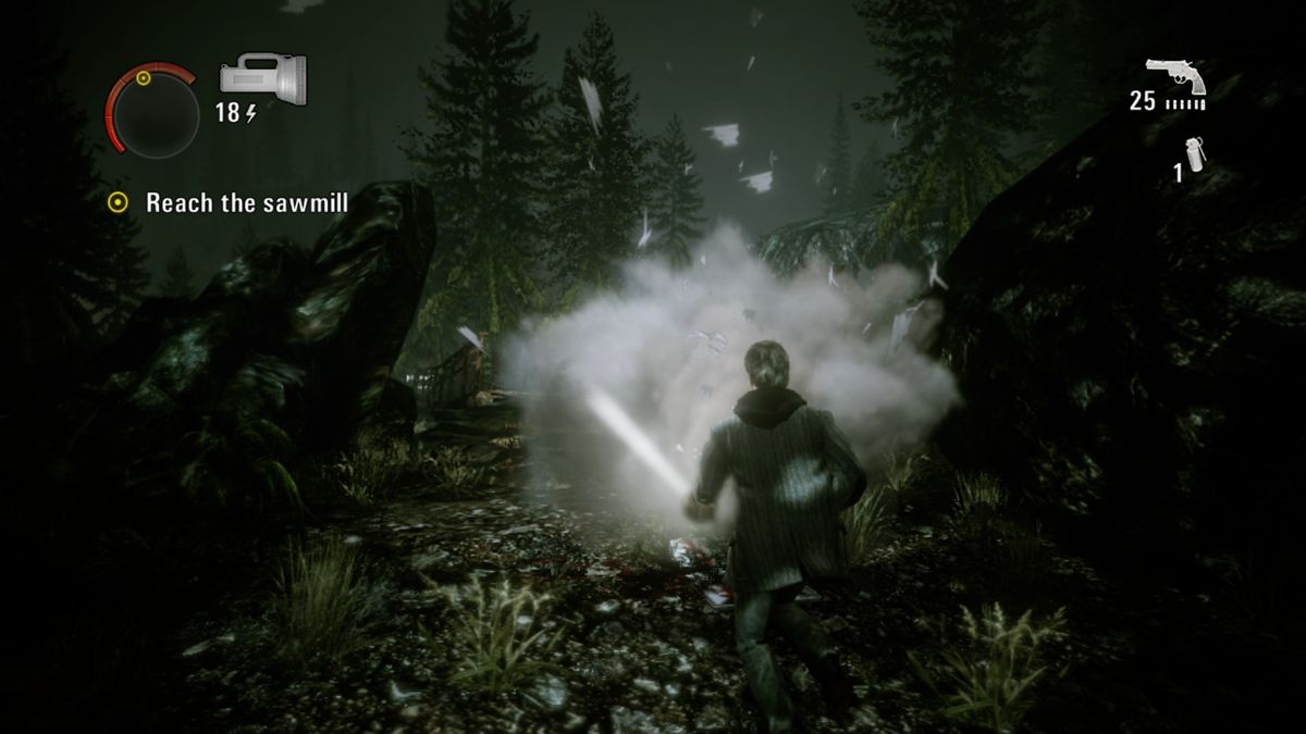 Alan Wake: The Signal (Xbox One) screenshot: Watch out as your bestsellers are falling down from the sky