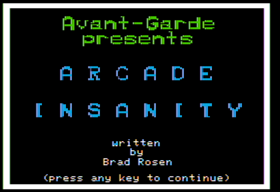 Triple Arcade Insanity (Apple II) screenshot: Title Screen