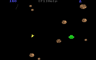 ROX (DOS) screenshot: game in progress, with one ship to spare (blue triangle). you control the yellow triangle (your bullets have wrapped the screen) brown - asteroids, green - enemy ship