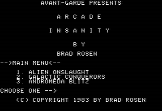 Triple Arcade Insanity (Apple II) screenshot: Main Menu