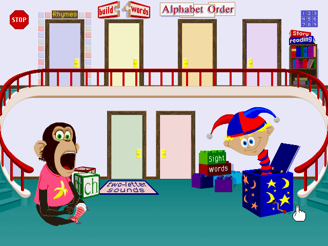 Ready, Set, Read with Bananas & Jack (Windows 3.x) screenshot: Bananas and Jack welcome you in the playhouse, the doors lead from foyer to six different playrooms with mini-games