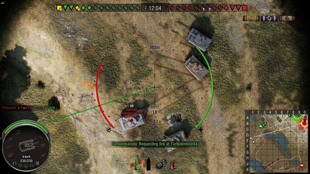 World of Tanks: Hammer Base (PlayStation 4) screenshot: Aiming at enemy Hammer tank with an artillery with three other Tiger I tank variations next to it