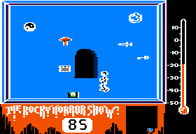 The Rocky Horror Show (Apple II) screenshot: Strange blue room with lots of flying stuff