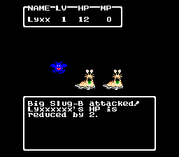 Dragon Warrior II (NES) screenshot: Fighting big slugs