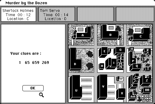 Mystery Master: Murder by the Dozen (Macintosh) screenshot: Clues are encoded, you will need to look them up in the manual