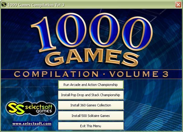 1000 Games: Volume 3 (Windows) screenshot: From here the player installs the appropriate game package. As each component is installed the text changes from "Install" to "Run"