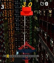 Spider-Man 2 (N-Gage) screenshot: Starting the 3D racing against time. The red arrow points to the direction Spidey has to swing...