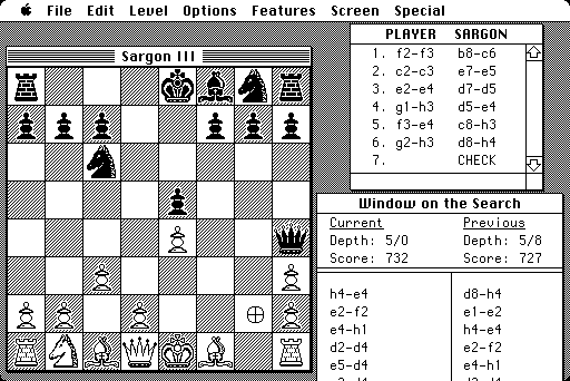 Sargon III (Macintosh) screenshot: A game of chess in progress