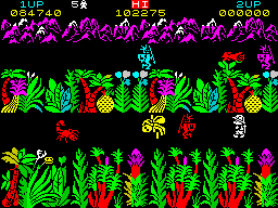Sabre Wulf (ZX Spectrum) screenshot: The gathering of the tribe. It's market day. Scorpio was also disguised.