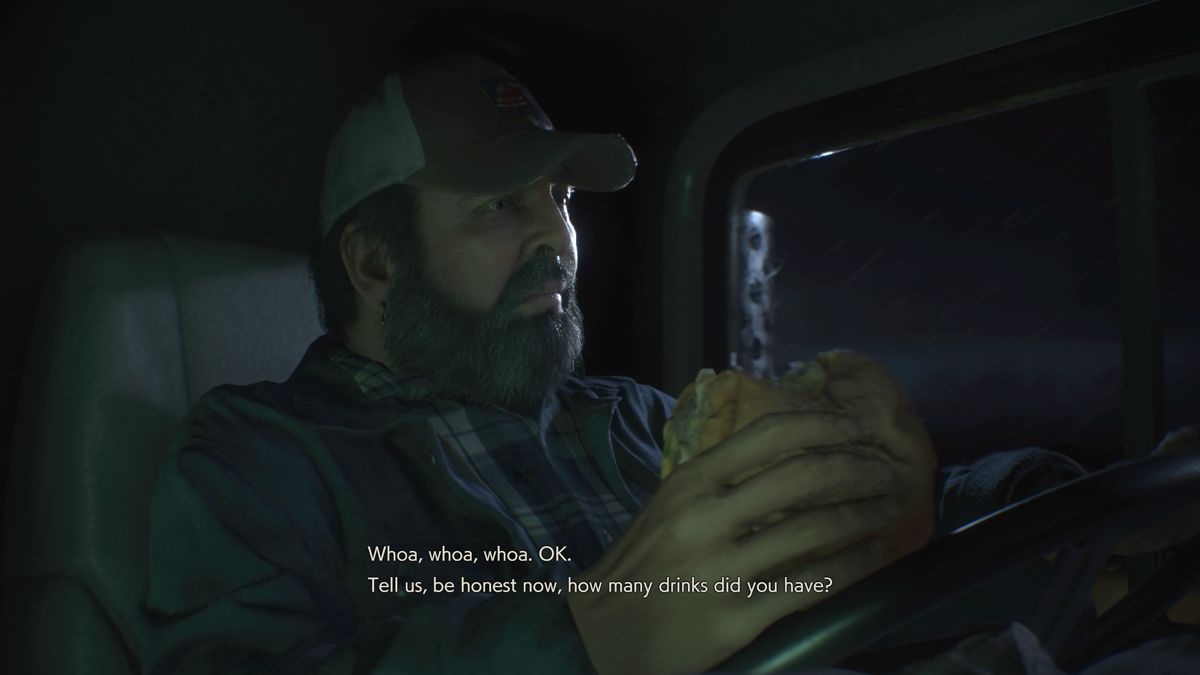 Resident Evil 2 (PlayStation 4) screenshot: A cistern truck driver in the opening cinematic