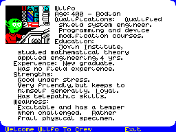 Psi 5 Trading Co. (ZX Spectrum) screenshot: Candidate details