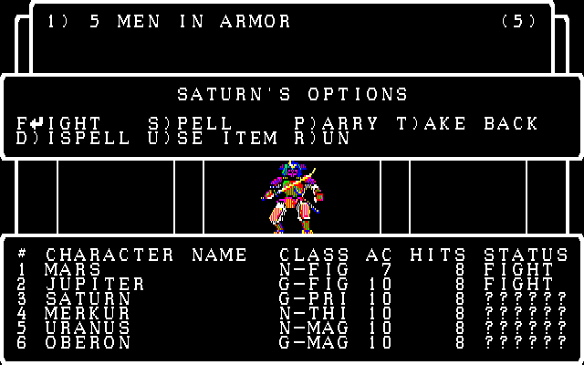 Wizardry: Knight of Diamonds - The Second Scenario (FM-7) screenshot: A fight - combat options