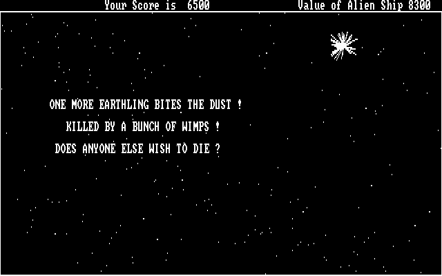 Kamikazi Alien (DOS) screenshot: Game over