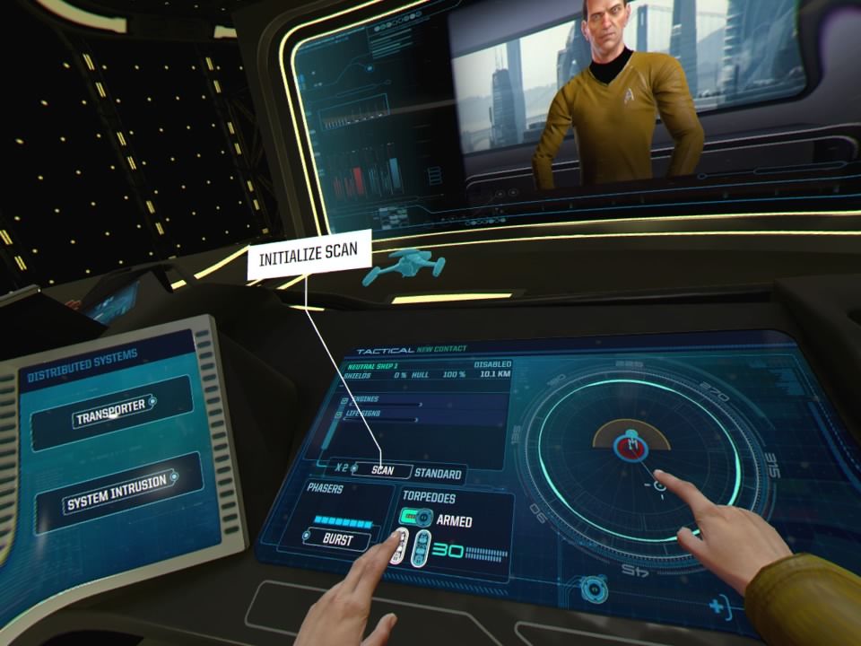 Star Trek: Bridge Crew (PlayStation 4) screenshot: Learning how to scan other ships and objects of interest (VR mode)