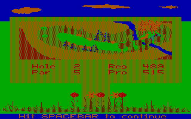 Mean 18 (DOS) screenshot: An overhead view of the hole (CGA with RGB monitor)