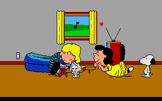 Snoopy: The Cool Computer Game (DOS) screenshot: Solution B - getting the characters distracted at the piano