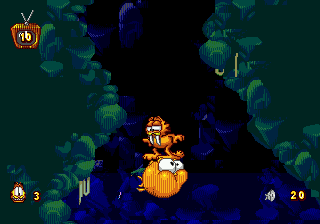 Garfield: Caught in the Act (Genesis) screenshot: Garfield riding... hmm... something