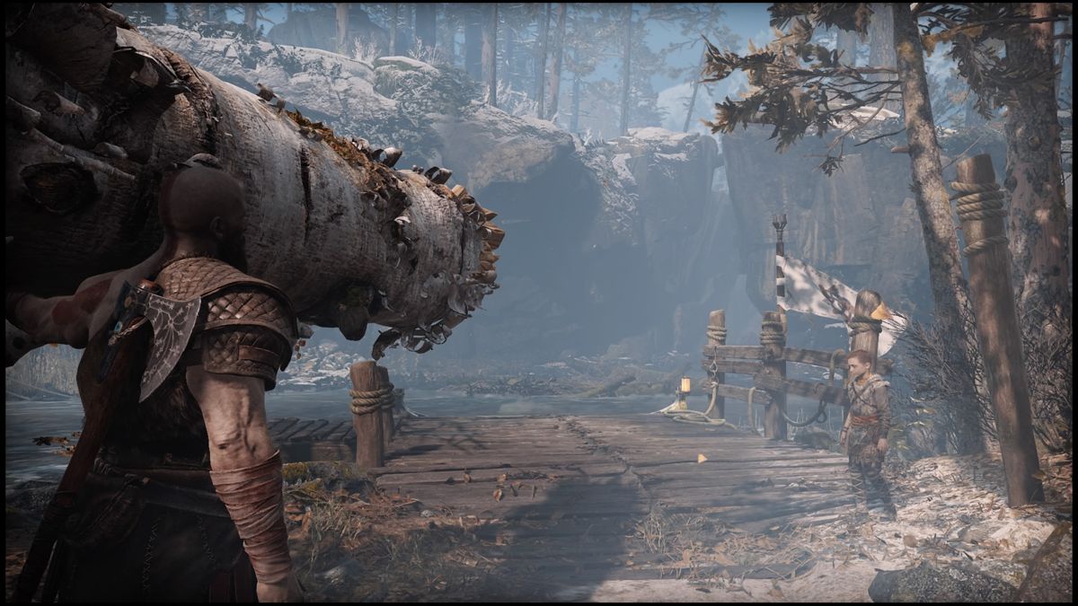 God of War (PlayStation 4) screenshot: Kratos has no trouble lugging around heavy objects