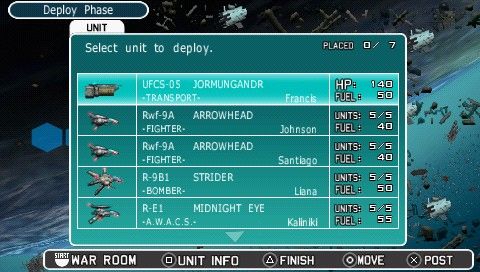 R-Type Command (PSP) screenshot: Selecting units to deploy