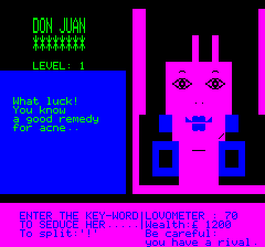 Don Juan (Oric) screenshot: Helping with acne (a night-loving brunette)