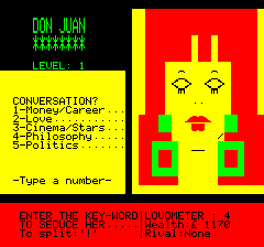 Don Juan (Oric) screenshot: Select a conversation topic (a dynamic redhead)