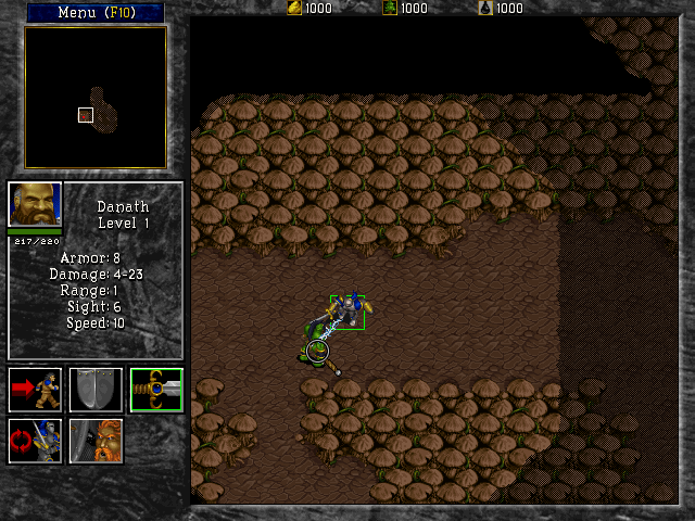 W!Zone II: Retribution (DOS) screenshot: Alone: in this scenario you start with only Danath (with beefed up stats and a modified lightning attack) and must get through a very straightforward maze of swampy mushrooms.