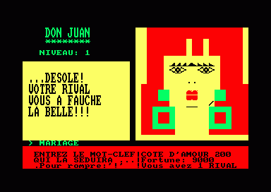 Don Juan (Amstrad CPC) screenshot: Rival has taken your girl (a dynamic redhead)