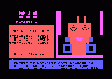 Don Juan (Amstrad CPC) screenshot: Select an object to offer (a mysterious brunette)