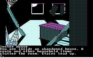 The Crimson Crown (DOS) screenshot: Searching around in the clutter of the haunted house. (CGA)