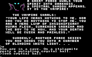The Crimson Crown (DOS) screenshot: Meeting the Vampire for the first time. (CGA)