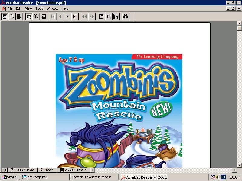 Zoombinis: Mountain Rescue (Windows) screenshot: The Users Guide tab on the main menu screen opens Adobe Acrobat in a new, full screen, window