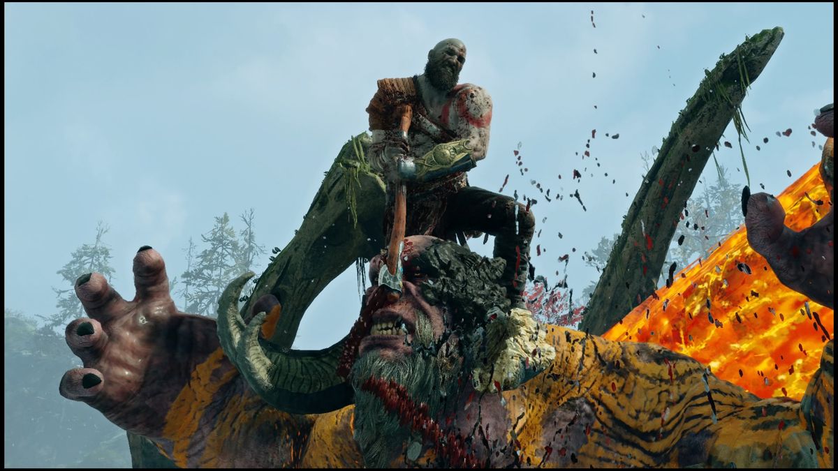 God of War (PlayStation 4) screenshot: Brutal finished against one of the trolls