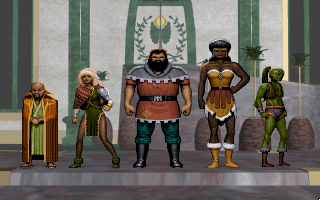 Anvil of Dawn (DOS) screenshot: Choose from 5 champions of different sex, origin and... height! Even a non-human! Sadly, only 3 voices are used...
