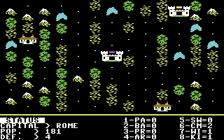 Parthian Kings (Commodore 64) screenshot: Town status shows the number of citizens, the town's defense and what troops are located there.