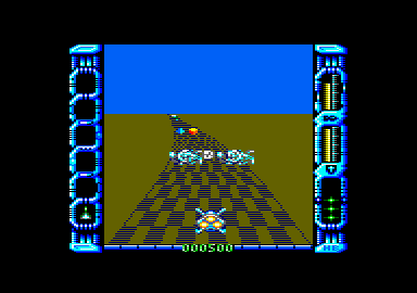 Eliminator (Amstrad CPC) screenshot: Blasting the enemy.